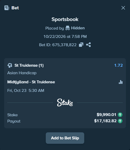 Bet slip: Midtjylland - St Truidense, $10,000.00 stake at 1.72 odds, placed by Hidden