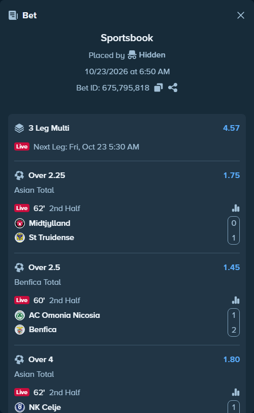 Bet slip: Midtjylland - St Truidense, $10,010.00 stake at 1.75 odds, placed by Hidden