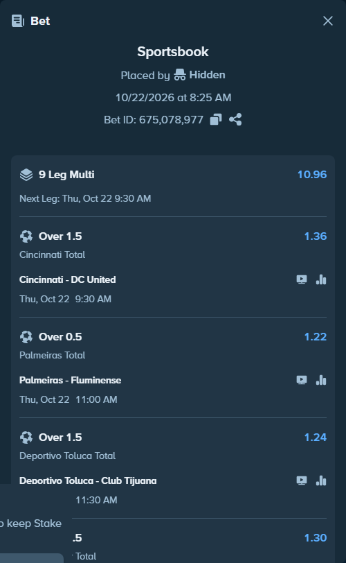 Bet slip: Midtjylland - St Truidense, $10,050.04 stake at 1.11 odds, placed by Hidden