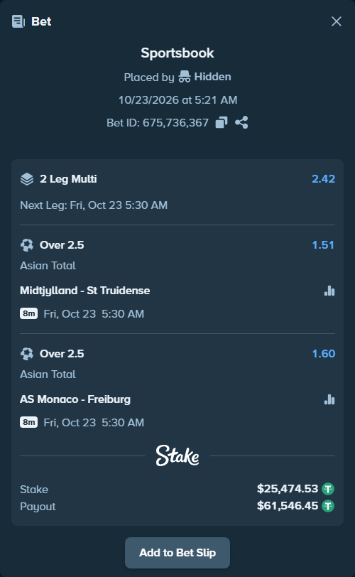 Bet slip: Midtjylland - St Truidense, $25,500.00 stake at 1.51 odds, placed by tlwns4736