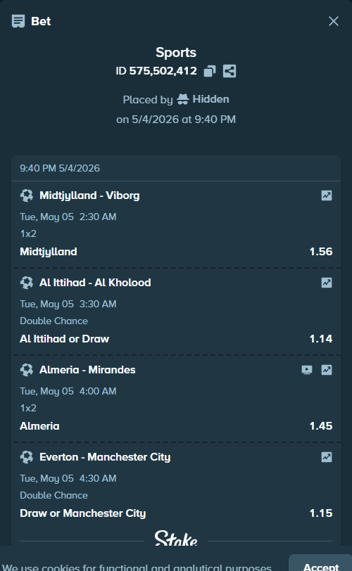 Bet slip: Midtjylland - Viborg, $15,624.36 stake at 1.56 odds, placed by Hidden