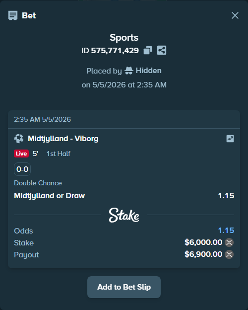 Bet slip: Midtjylland - Viborg, $4,919.70 stake at 1.15 odds, placed by Hidden