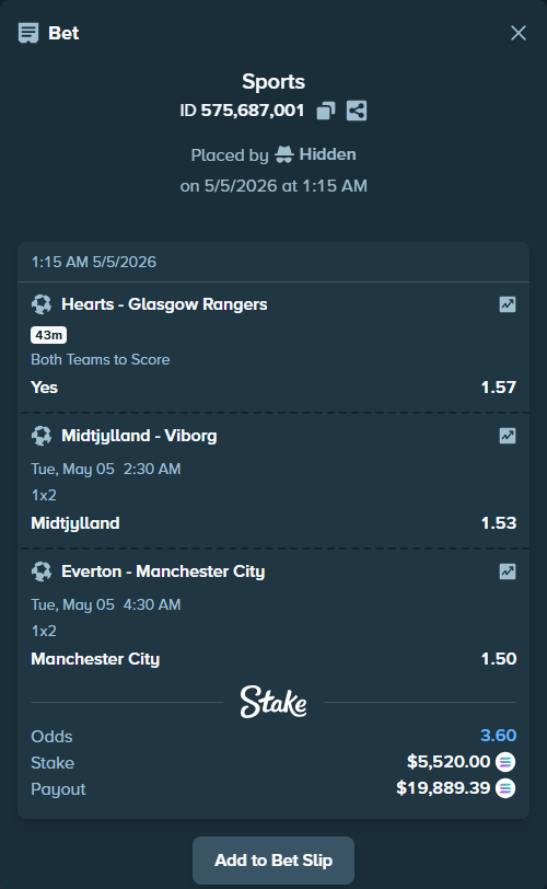 Bet slip: Midtjylland - Viborg, $4,813.15 stake at 1.53 odds, placed by Hidden