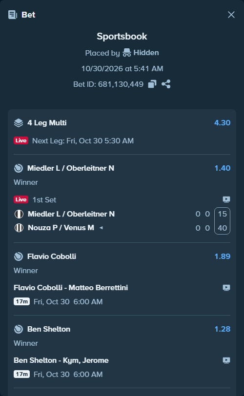 Bet slip: Miedler L / Oberleitner N - Nouza P / Venus M, $10,791.00 stake at 1.40 odds, placed by Hidden