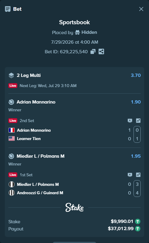 Bet slip: Miedler L / Polmans M - Andreozzi G / Guinard M, $10,000.00 stake at 1.95 odds, placed by Hidden