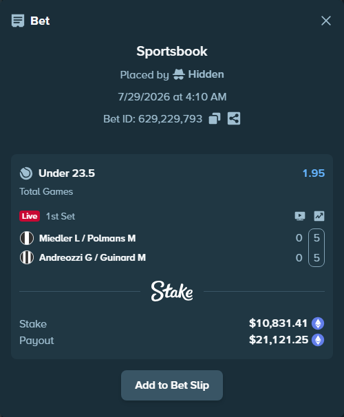 Bet slip: Miedler L / Polmans M - Andreozzi G / Guinard M, $10,804.07 stake at 1.95 odds, placed by Hidden