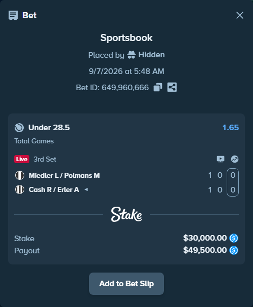Bet slip: Miedler L / Polmans M - Cash R / Erler A, $30,000.00 stake at 1.65 odds, placed by Hidden