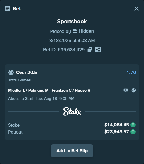 Bet slip: Miedler L / Polmans M - Frantzen C / Haase R, $14,098.54 stake at 1.70 odds, placed by Hidden