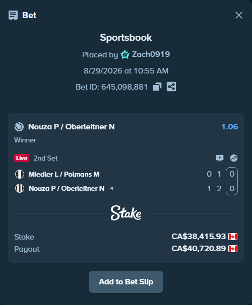 Bet slip: Miedler L / Polmans M - Nouza P / Oberleitner N, $28,427.79 stake at 1.06 odds, placed by Zach0919