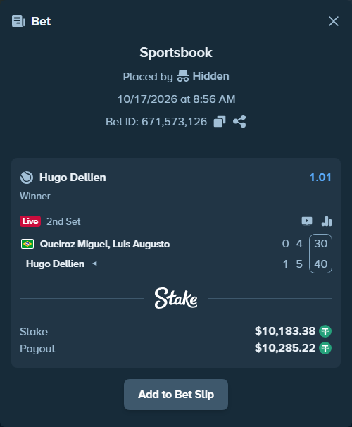 Bet slip: Miguel, Luis Guto - Hugo Dellien, $10,193.57 stake at 1.01 odds, placed by Hidden