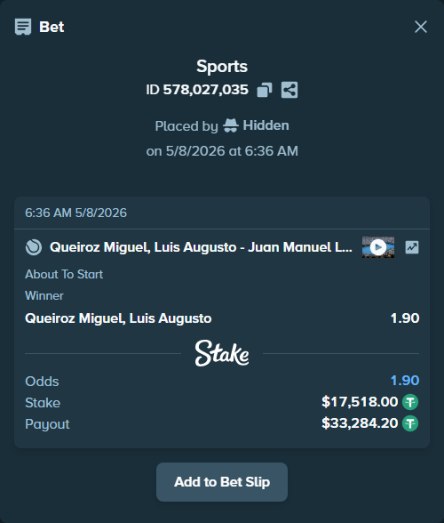 Bet slip: Miguel, Luis Guto - Juan Manuel La Serna, $17,518.00 stake at 1.90 odds, placed by Hidden