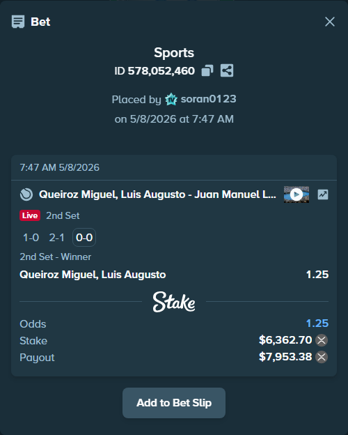 Bet slip: Miguel, Luis Guto - Juan Manuel La Serna, $5,296.86 stake at 1.25 odds, placed by soran0123