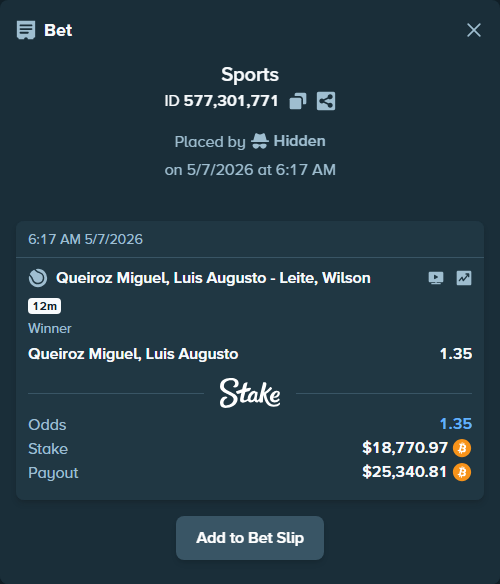 Bet slip: Miguel, Luis Guto - Leite, Wilson, $14,829.55 stake at 1.35 odds, placed by Hidden