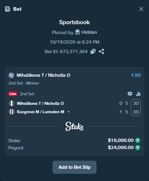 Bet slip: Mihalikova T / Nicholls O - Kozyreva M / Lumsden M, $16,016.00 stake at 1.50 odds, placed by Hidden