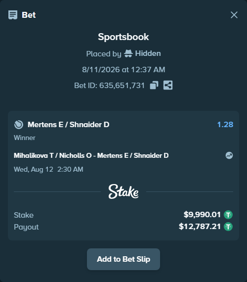 Bet slip: Mihalikova T / Nicholls O - Mertens E / Shnaider D, $10,000.00 stake at 1.28 odds, placed by Hidden