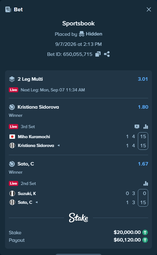 Bet slip: Miho Kuramochi - Kristiana Sidorova, $20,000.00 stake at 1.80 odds, placed by Hidden