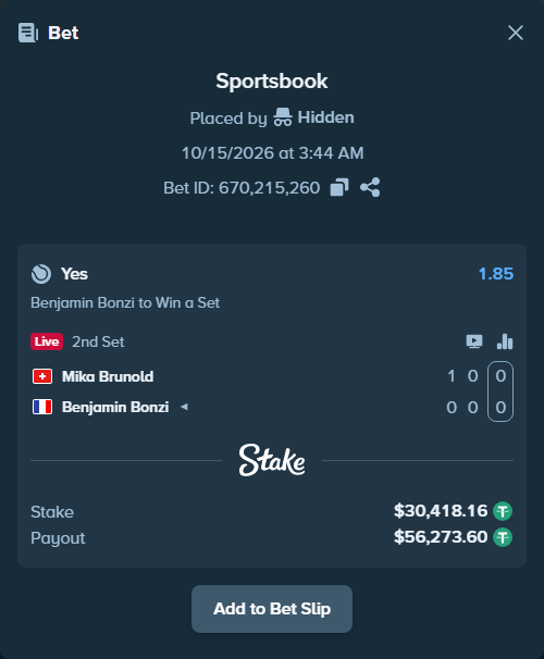 Bet slip: Mika Brunold - Benjamin Bonzi, $30,448.58 stake at 1.85 odds, placed by Hidden