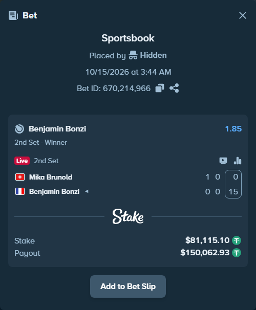 Bet slip: Mika Brunold - Benjamin Bonzi, $81,196.21 stake at 1.85 odds, placed by Hidden