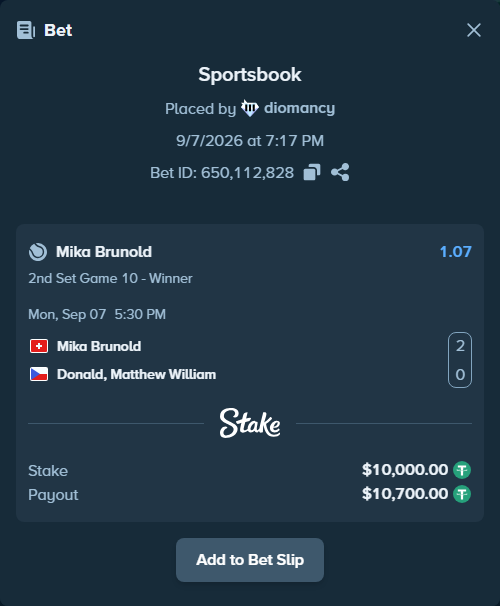 Bet slip: Mika Brunold - Donald, Matthew William, $10,000.00 stake at 1.07 odds, placed by diomancy