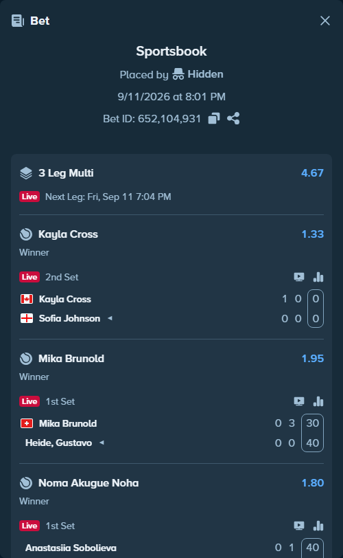 Bet slip: Mika Brunold - Heide, Gustavo, $10,000.00 stake at 1.95 odds, placed by Hidden