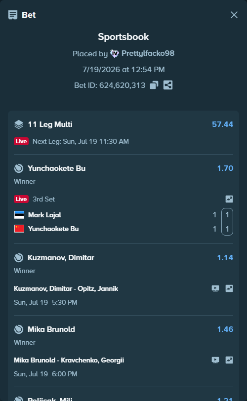 Bet slip: Mika Brunold - Kravchenko, Georgii, $20,749.92 stake at 1.46 odds, placed by Prettylfacko98
