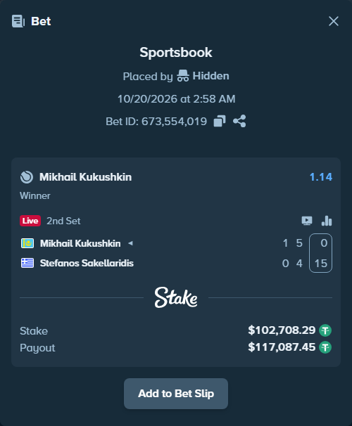 Bet slip: Mikhail Kukushkin - Stefanos Sakellaridis, $102,811.00 stake at 1.14 odds, placed by Hidden