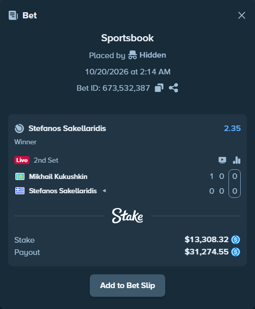 Bet slip: Mikhail Kukushkin - Stefanos Sakellaridis, $13,308.32 stake at 2.35 odds, placed by Hidden