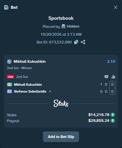 Bet slip: Mikhail Kukushkin - Stefanos Sakellaridis, $14,231.00 stake at 2.10 odds, placed by WinTr10