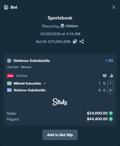 Bet slip: Mikhail Kukushkin - Stefanos Sakellaridis, $24,024.00 stake at 1.85 odds, placed by Kriski99
