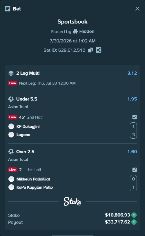 Bet slip: Mikkelin Palloilijat - KaPa Kapylan Pallo, $10,817.74 stake at 1.60 odds, placed by Hidden