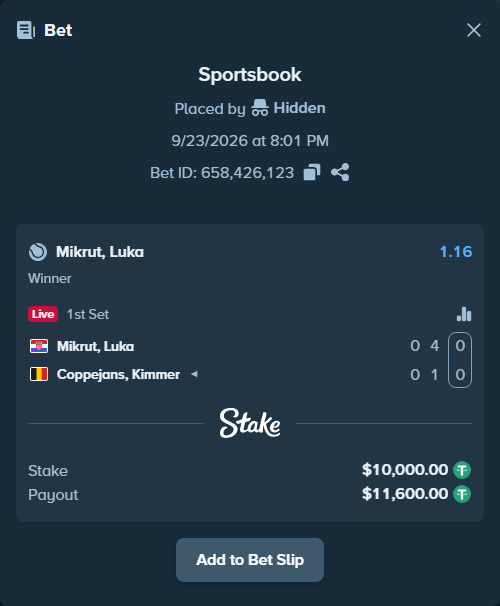 Bet slip: Mikrut, Luka - Coppejans, Kimmer, $10,000.00 stake at 1.16 odds, placed by Hidden
