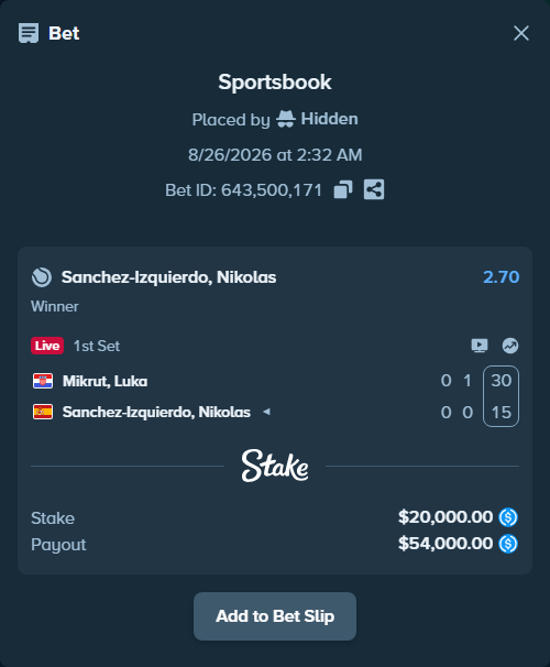 Bet slip: Mikrut, Luka - Sanchez Izquierdo, Nikolas, $20,000.00 stake at 2.70 odds, placed by Hidden