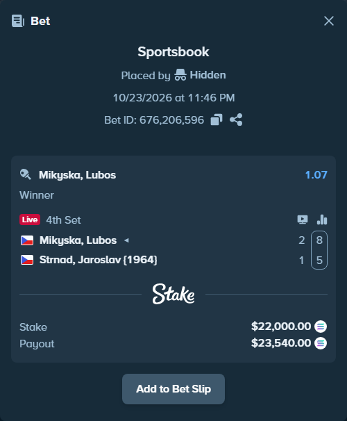 Bet slip: Mikyska, Lubos - Strnad, Jaroslav (1964), $22,138.43 stake at 1.07 odds, placed by AustinAlgamus