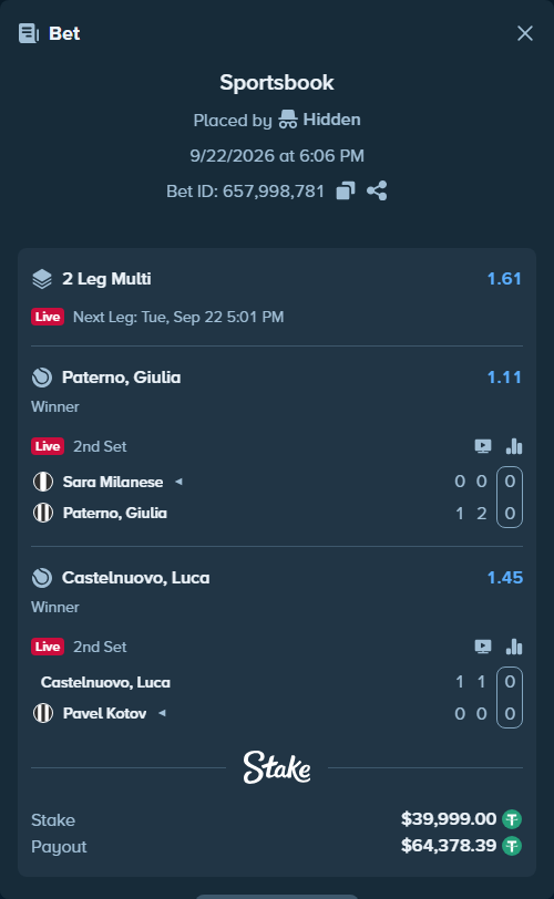 Bet slip: Milanese, Sara - Paterno, Giulia, $39,999.00 stake at 1.11 odds, placed by Hidden