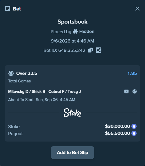Bet slip: Milavsky D / Shick B - Cabral F / Tracy J, $30,281.62 stake at 1.85 odds, placed by Hidden