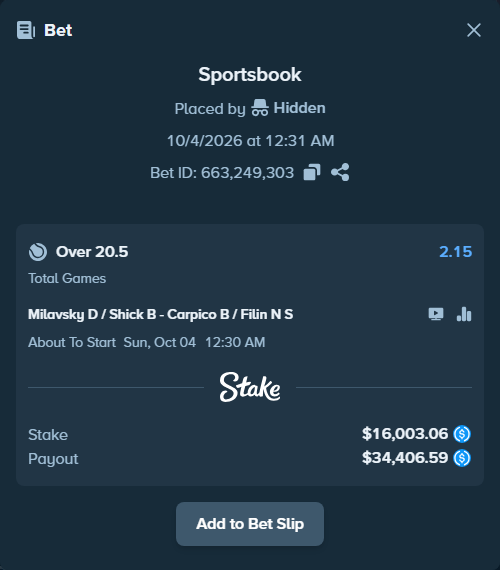 Bet slip: Milavsky D / Shick B - Carpico B / Filin N S, $16,003.06 stake at 2.15 odds, placed by Hidden