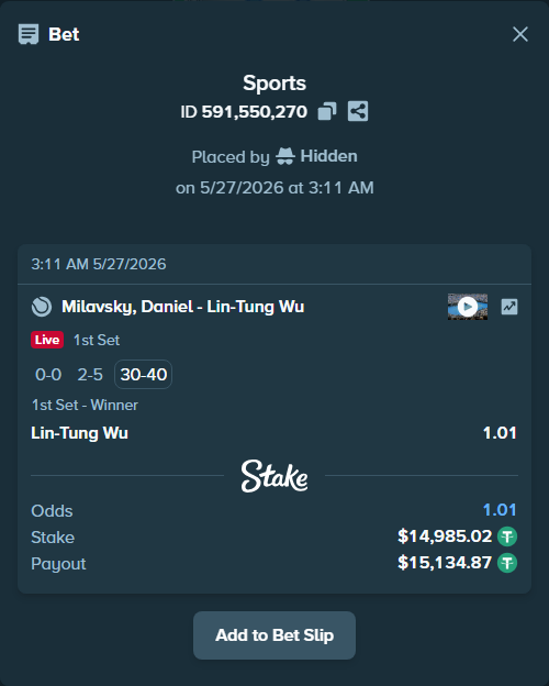 Bet slip: Milavsky, Daniel - Lin-Tung Wu, $15,000.00 stake at 1.01 odds, placed by Hidden