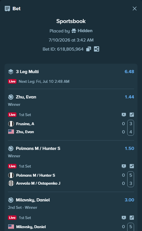 Bet slip: Milavsky, Daniel - Yunchaokete Bu, $10,000.00 stake at 3.00 odds, placed by Hidden