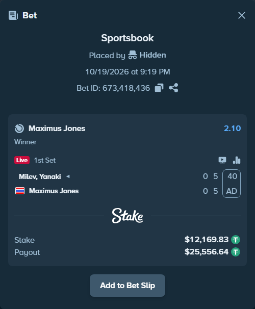 Bet slip: Milev, Yanaki - Maximus Jones, $12,182.00 stake at 2.10 odds, placed by Hidden