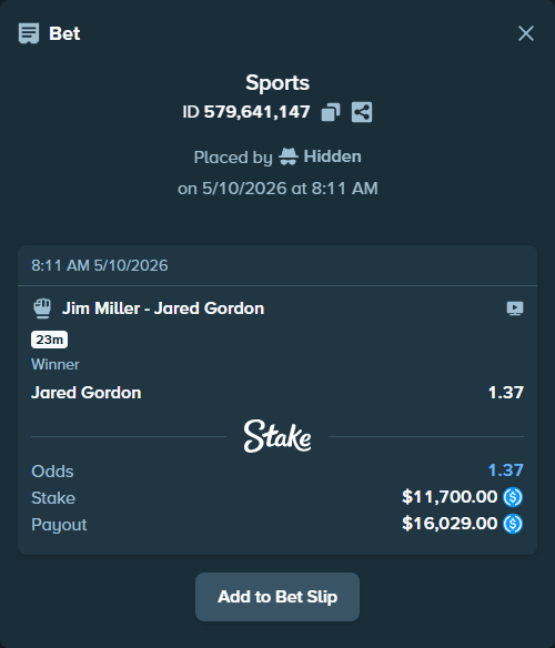 Bet slip: Miller, Jim - Gordon, Jared, $11,700.00 stake at 1.37 odds, placed by Hidden