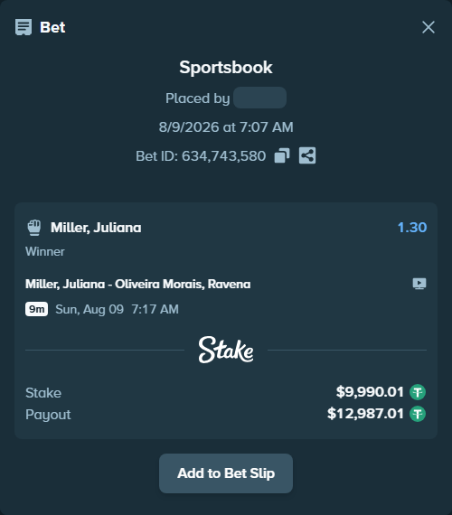 Bet slip: Miller, Juliana - Oliveira Morais, Ravena, $10,000.00 stake at 1.30 odds, placed by Yakimakat