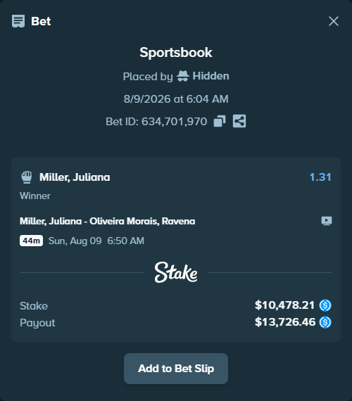 Bet slip: Miller, Juliana - Oliveira Morais, Ravena, $10,478.21 stake at 1.31 odds, placed by Hidden