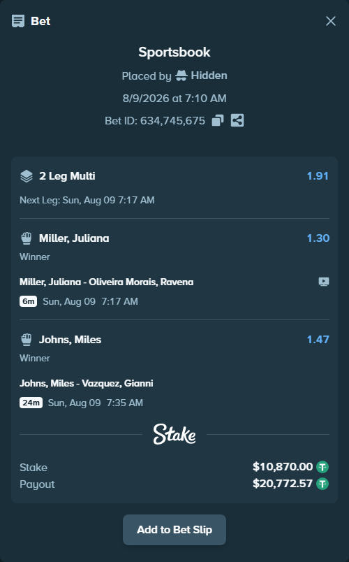 Bet slip: Miller, Juliana - Oliveira Morais, Ravena, $10,880.87 stake at 1.30 odds, placed by Hidden