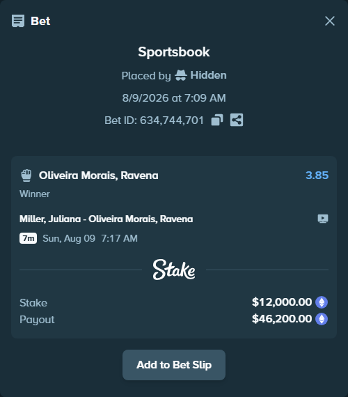 Bet slip: Miller, Juliana - Oliveira Morais, Ravena, $11,990.46 stake at 3.85 odds, placed by Hidden