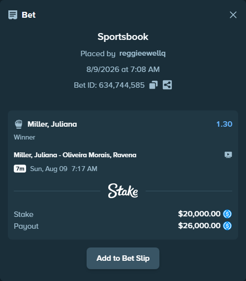 Bet slip: Miller, Juliana - Oliveira Morais, Ravena, $20,000.00 stake at 1.30 odds, placed by reggieewellq