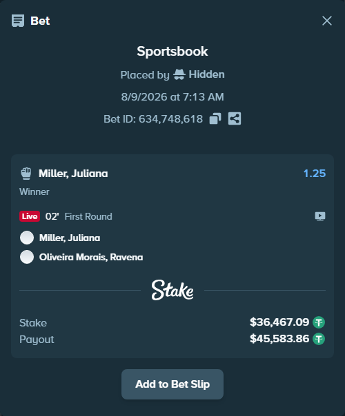 Bet slip: Miller, Juliana - Oliveira Morais, Ravena, $36,503.56 stake at 1.25 odds, placed by Hidden
