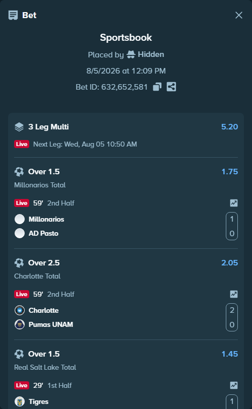 Bet slip: Millonarios - AD Pasto, $42,326.28 stake at 1.75 odds, placed by Hidden