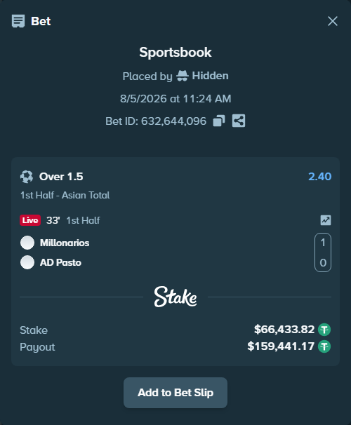 Bet slip: Millonarios - AD Pasto, $66,500.25 stake at 2.40 odds, placed by Hidden