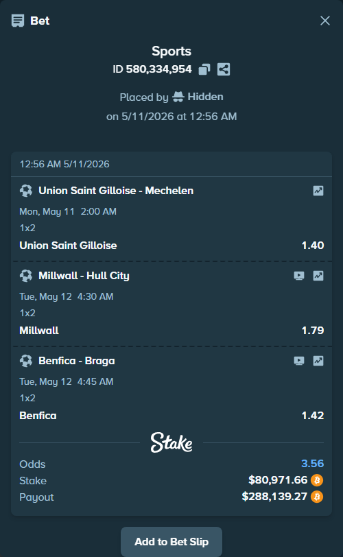 Bet slip: Millwall - Hull City, $64,162.00 stake at 1.79 odds, placed by Hidden