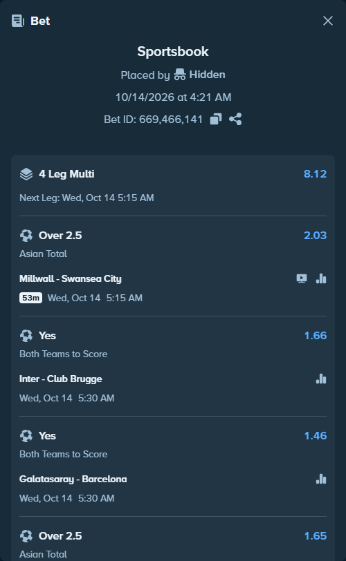 Bet slip: Millwall - Swansea City, $10,101.07 stake at 2.03 odds, placed by kenthimself